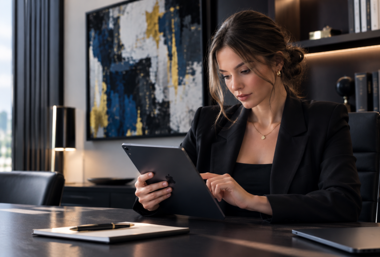 Prawniczka korzystająca z tabletu w nowoczesnej kancelarii – blog prawniczy jako sposób na budowanie zaufania i eksperckiego wizerunku w internecie
